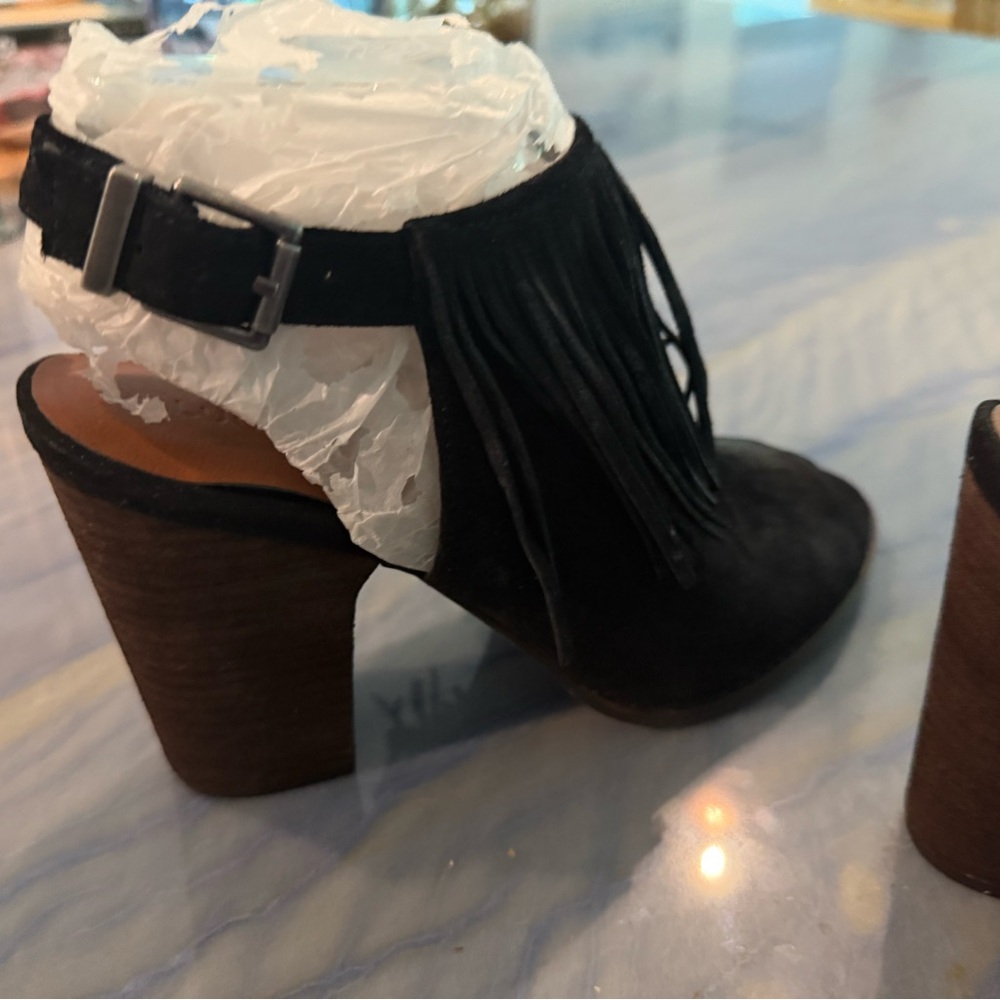 Lucky Brand Black Fringe Block Heel Sandals